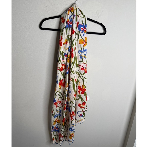 Tory Burch Women's White Red Yellow Silk Blend Floral Embellished Tassel Scarf - Picture 2 of 5